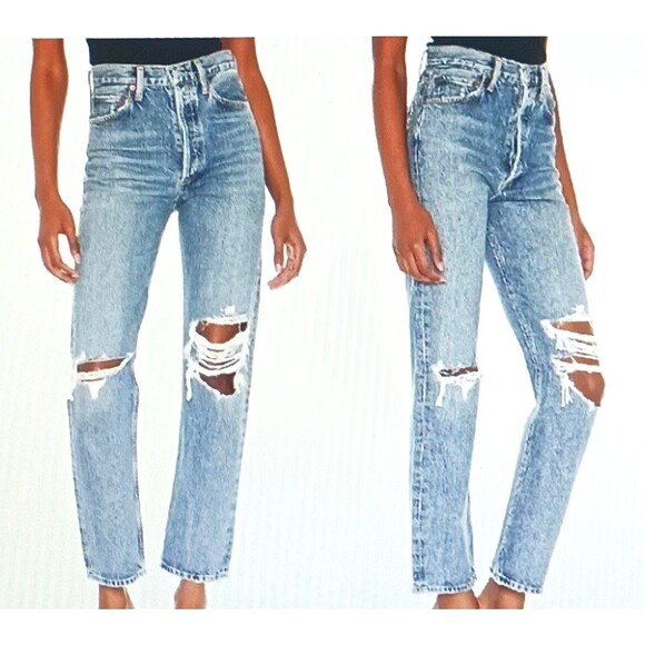 Agolde 90's Pinch Waist High Rise Straight Distressed Ripped Knee Organic Sz 27 - Picture 1 of 10